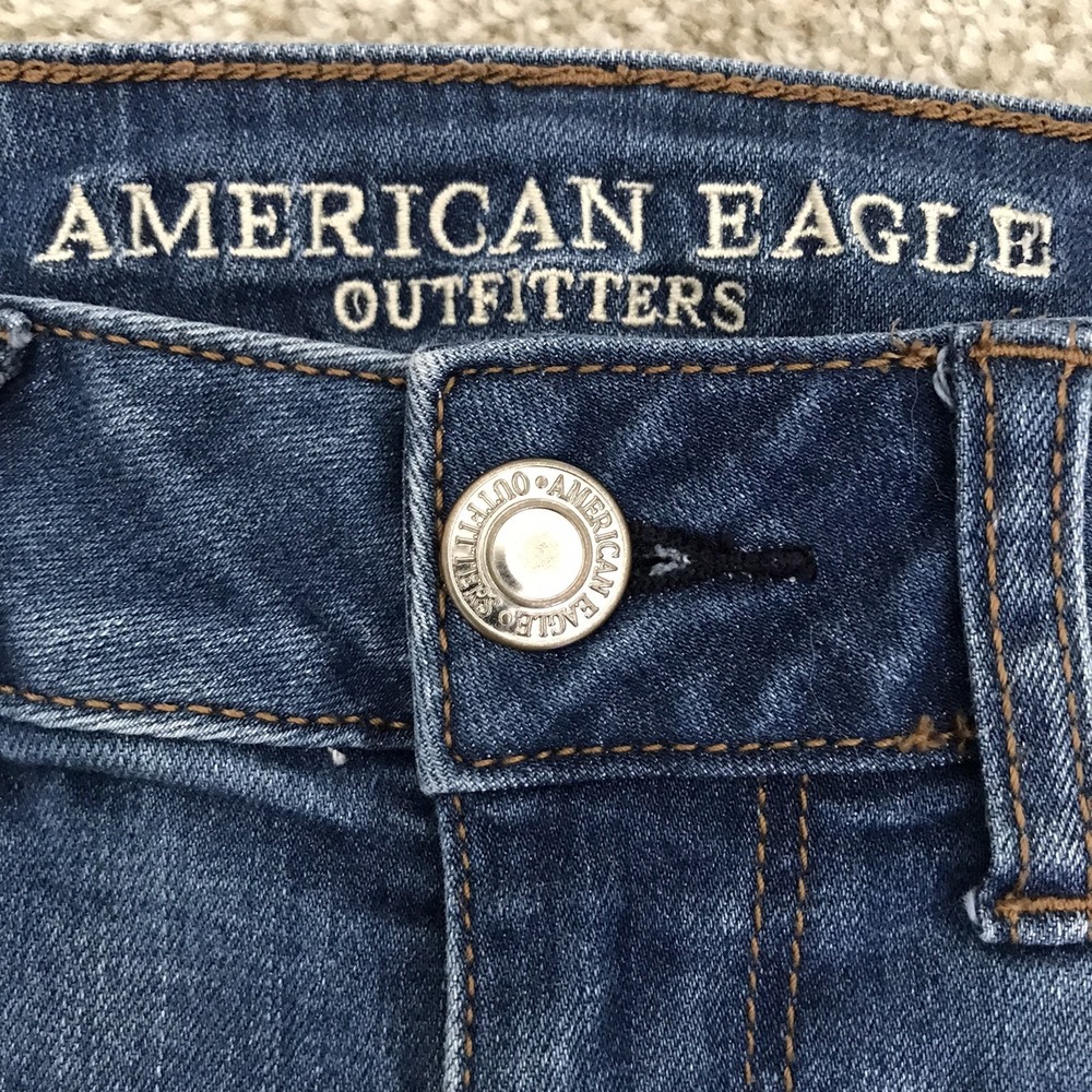 American Eagle Midi Jean Shorts Womens 6 Raw Hem Cutoff Blue Denim Super Stretch - Picture 3 of 16